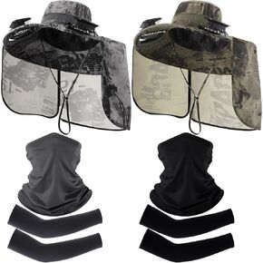2 Sets Wide Brim Sun Fan Hat with Arm Sleeves and Neck Gaiter, Solar Powered USB Fishing Hat with Neck Flap for Outdoor Hiking Men Women Summer UV Protection Multicolor in Kuwait