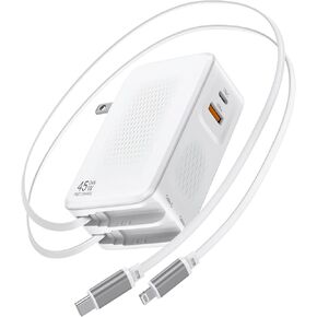 45W GaN USB C Wall Charger, 4 in 1 Retractable Charger with Dual Cables, PD+QC Fast Charging Block, Foldable Plug for iPhone 17 16 15 iPad Samsung Pixel,Travel Essentials in Saudi Arabia