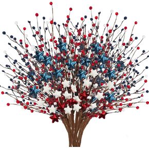 Ruidazon 4 pcs Patriotic Picks with Red White Blue Stars Flowers Spray for 4th of July Decoration, 26.7" Artificial 4th of July Flowers Berry Stems for National Day Independence Day Decor in Kuwait