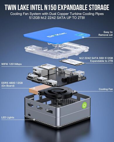 كمبيوتر مكتبي صغير من GMKtec معالج Intel N100 (Turbo 3.4 جيجا هرتز) 12 جيجا DDR5 512 جيجا SSD ثنائي الشبكة المحلية، كمبيوتر صغير، شاشة ثلاثية 4K، WiFi6، BT5.2، موفر للطاقة in Kuwait