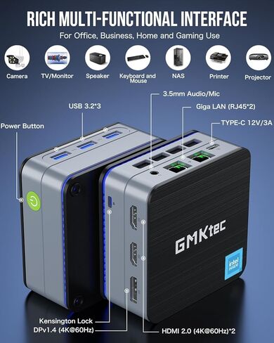 كمبيوتر مكتبي صغير من GMKtec معالج Intel N100 (Turbo 3.4 جيجا هرتز) 12 جيجا DDR5 512 جيجا SSD ثنائي الشبكة المحلية، كمبيوتر صغير، شاشة ثلاثية 4K، WiFi6، BT5.2، موفر للطاقة in Kuwait
