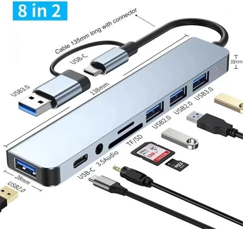 محول USB C Hub 3.0، موسع USB 8 في 1 من الألومنيوم مع قارئ بطاقة SD/TF، ​​مقبس سماعة رأس Aux 3.5 مم لجهاز MacBook Pro Air والمزيد من أجهزة الكمبيوتر/الكمبيوتر المحمول/الكمبيوتر اللوحي in Kuwait