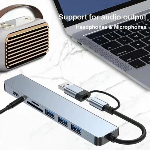 محول USB C Hub 3.0، موسع USB 8 في 1 من الألومنيوم مع قارئ بطاقة SD/TF، ​​مقبس سماعة رأس Aux 3.5 مم لجهاز MacBook Pro Air والمزيد من أجهزة الكمبيوتر/الكمبيوتر المحمول/الكمبيوتر اللوحي in Kuwait
