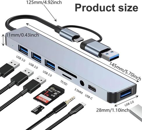 محول USB C Hub 3.0، موسع USB 8 في 1 من الألومنيوم مع قارئ بطاقة SD/TF، ​​مقبس سماعة رأس Aux 3.5 مم لجهاز MacBook Pro Air والمزيد من أجهزة الكمبيوتر/الكمبيوتر المحمول/الكمبيوتر اللوحي in Kuwait