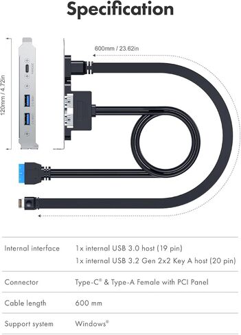 محول اللوحة الخلفية ineo USB 3.2 Gen 2x2 Type-C مع دعامة PCIe، ومنافذ USB-C بسرعة 20 جيجابت في الثانية ومنفذ USB A 3.0 مزدوج، وكابل تمديد رأس اللوحة الأم مع موصلات من النوع E و20 دبوسًا و19 دبوسًا in Kuwait