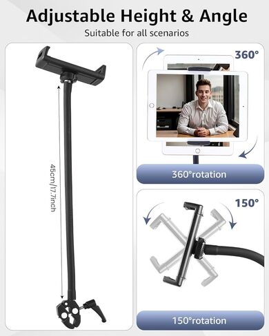 حامل جهاز لوحي SH Gooseneck لأجهزة iPad، حامل iPad مرن بزاوية 360 درجة لجهاز المشي وحامل الميكروفون، مشبك Super Crab Clamp iPad للمكتب، معدات التمرين، إعداد التسجيل، متوافق مع أجهزة 4.7-13 بوصة in Kuwait