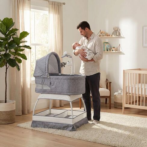 Baby Sweetli Nurture Infant Bassinet Bedside Crib Sleeper with Electric Mobile, Room Temperature and Humidity Indicator, Feeding Reminder, Night-Light, and Vibration (Grey Melange) in Saudi Arabia