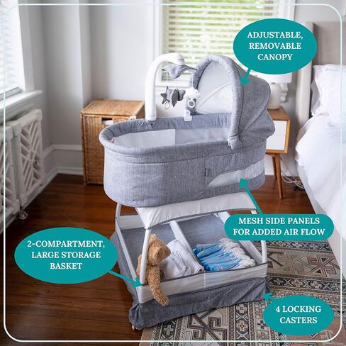 Baby Sweetli Nurture Infant Bassinet Bedside Crib Sleeper with Electric Mobile, Room Temperature and Humidity Indicator, Feeding Reminder, Night-Light, and Vibration (Grey Melange) in Saudi Arabia