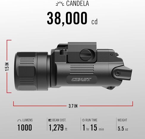 Coast PTX65R Two Beam 1000 Lumen USB-C Rechargeable LED Tactical Weapon Light with Tool-Free Universal/Picatinny Mounting System, and Spot & Flood Beams - IP54 Rating in Kuwait