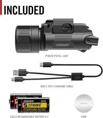 Coast PTX65R Two Beam 1000 Lumen USB-C Rechargeable LED Tactical Weapon Light with Tool-Free Universal/Picatinny Mounting System, and Spot & Flood Beams - IP54 Rating in Kuwait