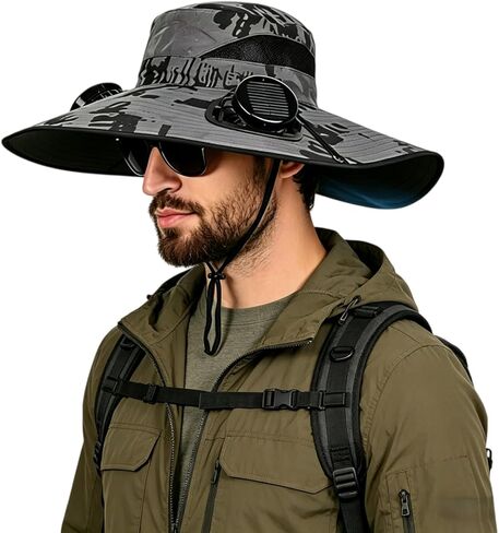 Hat with Solar Fan Panel Powered for Men Women Wide Brim UPF 50+ UV Protect USB Charging Breathable for Fishing Beach Outdoor Cap Camouflage in Kuwait