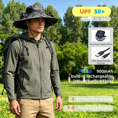 Hat with Solar Fan Panel Powered for Men Women Wide Brim UPF 50+ UV Protect USB Charging Breathable for Fishing Beach Outdoor Cap Camouflage in Kuwait