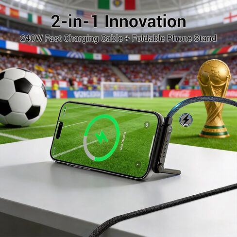 كابل شاحن حامل غير مرئي، كابل شحن سريع 240 وات PD للمكتب، كابل USB-C إلى USB-C بطول 4.9 قدم مع حامل معدني قابل للتعديل 360 درجة، حامل غير مرئي للألعاب والمكتب والمنزل in Kuwait