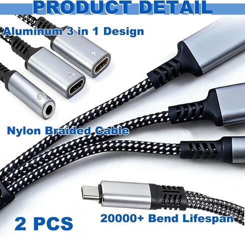 قطعتان من محول سماعة الرأس والشاحن 3 في 1 USB-C إلى 3.5 ملم، موزع Aux مزدوج من النوع C لهواتف iPhone 15/16 Pro/Max/Plus وSamsung Galaxy S22/S23/S24 Ultra وHuawei Mate 40/30/20 in Kuwait