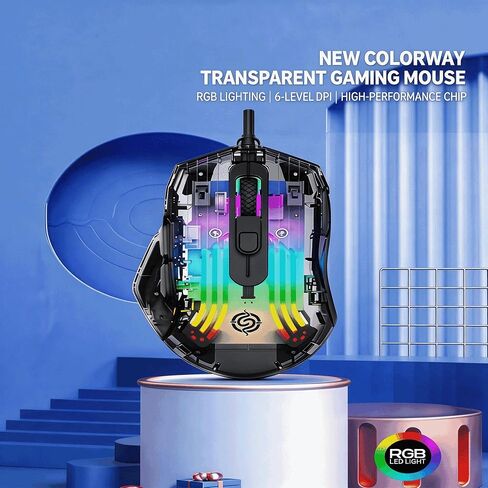 【 USB - 57 Inch Cable Length - 2026 Upgraded Fully Transparent Body 】 Gaming Optical RGB Wired Mouse, Click Mute Effect, 7200DPI, Switchable Light Effect, No Lag or Delay, Precise Clicking in Kuwait