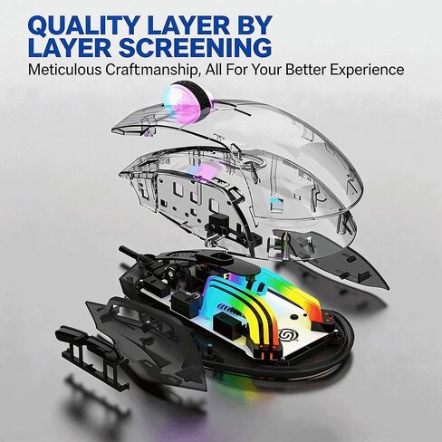 【 USB - 57 Inch Cable Length - 2026 Upgraded Fully Transparent Body 】 Gaming Optical RGB Wired Mouse, Click Mute Effect, 7200DPI, Switchable Light Effect, No Lag or Delay, Precise Clicking in Kuwait