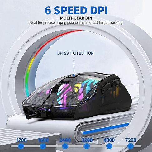 【 USB - 57 Inch Cable Length - 2026 Upgraded Fully Transparent Body 】 Gaming Optical RGB Wired Mouse, Click Mute Effect, 7200DPI, Switchable Light Effect, No Lag or Delay, Precise Clicking in Kuwait