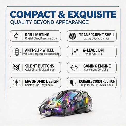 【 USB - 57 Inch Cable Length - 2026 Upgraded Fully Transparent Body 】 Gaming Optical RGB Wired Mouse, Click Mute Effect, 7200DPI, Switchable Light Effect, No Lag or Delay, Precise Clicking in Kuwait