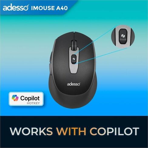 ماوس Adesso iMouse A40 اللاسلكي، بلوتوث ووضع مزدوج 2.4 جيجا هرتز مع مستقبل USB-C، مفتاح التشغيل السريع Copilot AI، مفاتيح النقر الهادئ، 3 مستويات DPI (1000/1600/2400)، 6 أزرار لنظام التشغيل Windows وMac in Kuwait