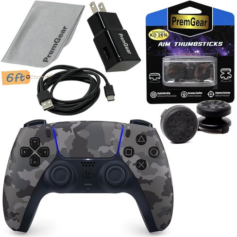 PremGear DualSense Wireless Controller (Gray Camouflage) Compatible with PlayStation 5 (PS5) Bundled ThumbSticks (2 pack: 1 High-Rise, 1 Mid-Rise), 6ft USB Charging Cable, Wall Adapter & Cloth in Kuwait
