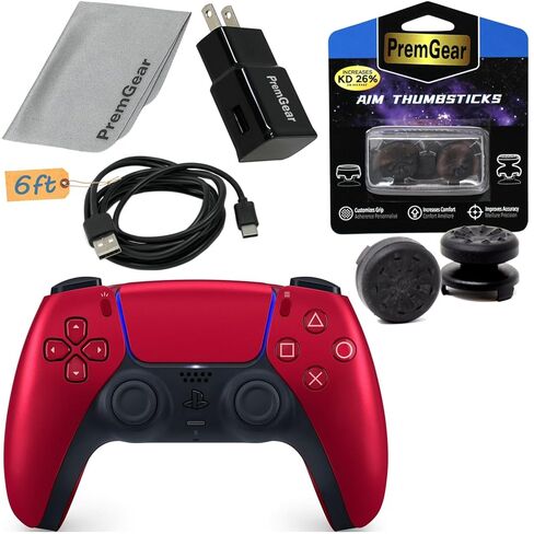 PremGear DualSense Wireless Controller (Volcanic Red) Compatible with PlayStation 5 (PS5) Bundled ThumbSticks (2 pack: 1 High-Rise, 1 Mid-Rise), 6ft USB Charging Cable, Wall Adapter & Cloth in Kuwait