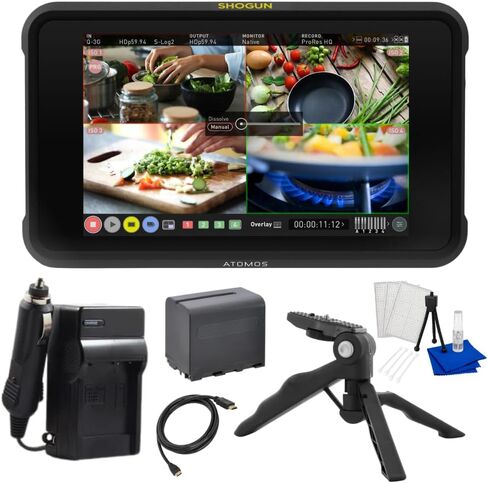شاشة Atomos Shogun 7 مقاس 7 بوصة ومسجل ومحول شاشة HDR مع تسجيل 4K ودعم ProRes RAW - حزمة مع حامل ثلاثي القوائم على الطاولة ومجموعة المبتدئين وشاحن السفر وبطارية بديلة والمزيد من الملحقات in Kuwait