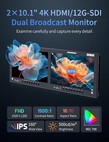 FEELWORLD FRM1001G شاشة مزدوجة 10.1 بوصة 4RU 12G SDI Rackmount مع رسم بياني لناقل الشكل الموجي لون كاذب ثلاثي الأبعاد LUT إيثرنت جهاز التحكم عن بعد لإنتاج OB Van/Studio in Kuwait