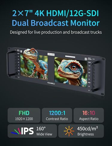 FEELWORLD FRM701G Dual 7 Inch 3RU 12G SDI Rackmount Monitor with 3D LUT Waveform IPS 1920x1200 Resolution 12G SDI HDMI Input Output for Live Production Studio Filmmaking in Kuwait