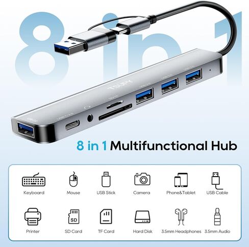 USB HUB USB C HUB, TSUPY 8-in-1 USB 3.0 HUB Multiport Adapter USB A&C Splitter with 4 USB Ports,1*USB C Ports,TF/SD Card Reader Audio Output Compatible with MacBook Pro Air and PC/Laptop/Phone/Tablet in Kuwait