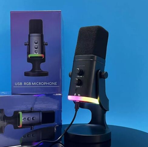 ميكروفون ألعاب USB ديناميكي RGB لأجهزة الكمبيوتر المحمول، ميكروفون تدفق بخاصية إلغاء الضوضاء مع حامل سطح المكتب للبودكاست والبث المباشر والدردشة الصوتية in Kuwait