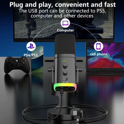 ميكروفون ألعاب USB ديناميكي RGB لأجهزة الكمبيوتر المحمول، ميكروفون تدفق بخاصية إلغاء الضوضاء مع حامل سطح المكتب للبودكاست والبث المباشر والدردشة الصوتية in Kuwait