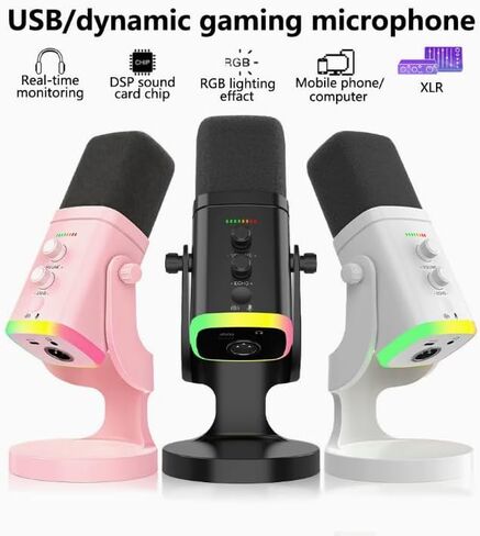 ميكروفون ألعاب USB ديناميكي RGB لأجهزة الكمبيوتر المحمول، ميكروفون تدفق بخاصية إلغاء الضوضاء مع حامل سطح المكتب للبودكاست والبث المباشر والدردشة الصوتية in Kuwait
