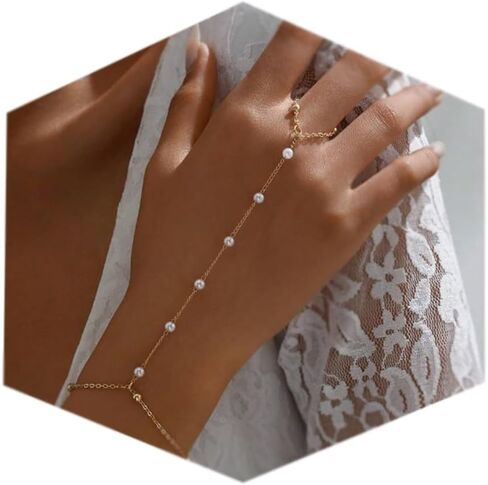 MODRSA Hand Chain Bracelet Gold Hand Chain Ring Bracelet Hands Chains Jewelry Rhinestone Pearl Handchain Finger Bracelets non Tarnish Waterproof Trendy Dainty Bridesmaid Accessories in Saudi Arabia