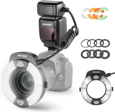 NEEWER 76Ws Marco Ring Flash متوافق مع كاميرات نيكون، مخرج 1-1/128، ضوء فلاش GN15 5600K TTL مع مزامنة الستارة الأمامية/الخلفية، جل الألوان، محولات العدسات لإضاءة التصوير الفوتوغرافي الماكرو، RF1-N in Kuwait