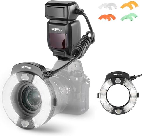 NEEWER 76Ws Marco Ring Flash Compatible with Nikon Cameras, 1-1/128 Output, GN15 5600K TTL Flash Light w Front/Rear Curtain Sync, Color Gels, Lens Adapters for Macro Photography Lighting, RF1-N in Saudi Arabia