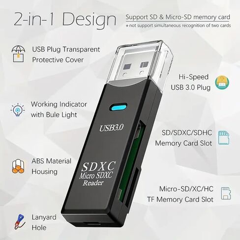 1Pc 2-in-1 USB 3.0 Card Reader, 5Gbps High-Speed Adapter for SD/MMC/RS-MMC/UHS-I Cards, PVC, Compatible with PC and Camera Storage, Micro Sd Card to USB Adapter in Kuwait