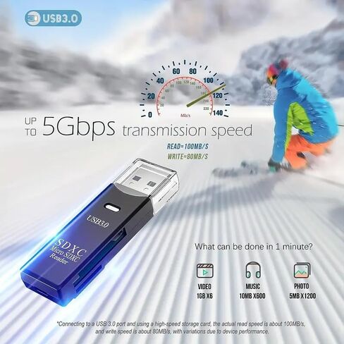 1Pc 2-in-1 USB 3.0 Card Reader, 5Gbps High-Speed Adapter for SD/MMC/RS-MMC/UHS-I Cards, PVC, Compatible with PC and Camera Storage, Micro Sd Card to USB Adapter in Kuwait