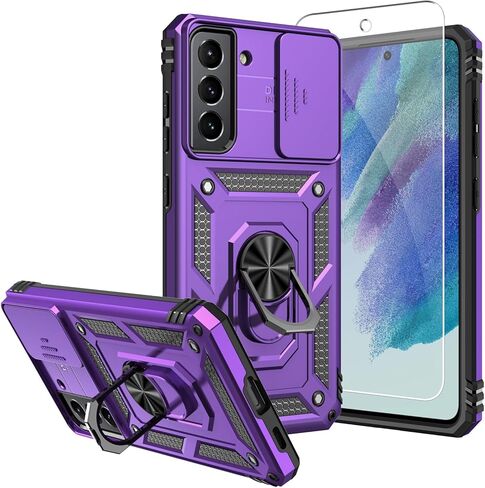حافظة لهاتف Galaxy S21 FE 5G، مع واقيات شاشة وغطاء كاميرا، [درجة عسكرية] 16 قدمًا. غطاء تم اختباره من السقوط مع حافظة واقية بمسند مغناطيسي لهاتف S21 FE (Z-Purple) in Kuwait