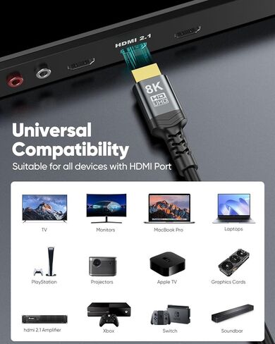 كابل HDMI طويل 8K بطول 15 قدمًا، كابل HDMI 2.1 بطول 15 قدمًا بسرعة 48 جيجابت في الثانية سلك HDMI عالي السرعة [مصنف CL3 داخل الجدار، 8K@60 هرتز، 4K@120 هرتز، HDCP 2.2&2.3، Dynamic HDR، eARC] للتلفزيون عالي الدقة، الشاشة، بلو راي، PS5/4، الكمبيوتر الشخصي in Kuwait