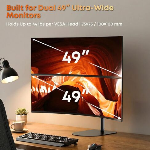 Dual Stacked Monitor Stand - 17-49 inch Freestanding Vertical Dual Ultrawide Monitor Mount, Adjustable Heavy Duty Desk Stand, Max Load 44 lbs (per Screen), VESA 75/100mm, Black in Kuwait