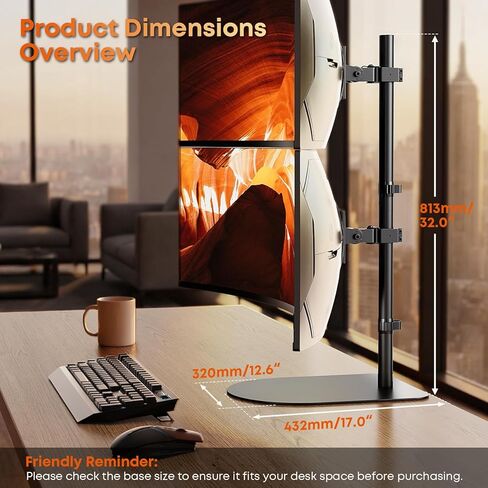 Dual Stacked Monitor Stand - 17-49 inch Freestanding Vertical Dual Ultrawide Monitor Mount, Adjustable Heavy Duty Desk Stand, Max Load 44 lbs (per Screen), VESA 75/100mm, Black in Kuwait