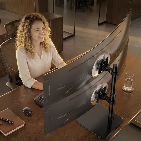 Dual Stacked Monitor Stand - 17-49 inch Freestanding Vertical Dual Ultrawide Monitor Mount, Adjustable Heavy Duty Desk Stand, Max Load 44 lbs (per Screen), VESA 75/100mm, Black in Kuwait