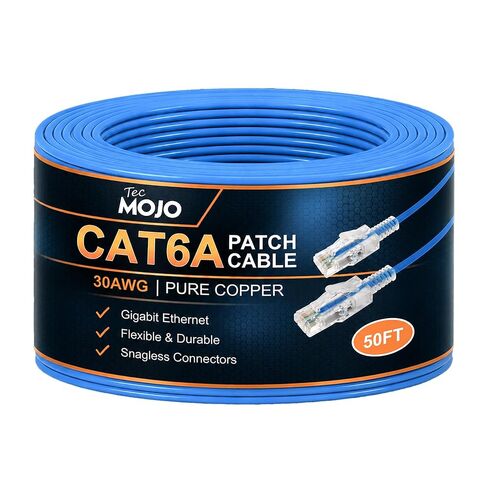 كابل إيثرنت Cat6a 50 قدم فائق النحافة مدرج من Tecmojo، 30AWG 100% من النحاس النقي، كابل شبكة 10 جيجابت في الثانية 550 ميجاهرتز لجهاز التوجيه والمودم وXbox والكمبيوتر المحمول والخوادم، أزرق in Kuwait
