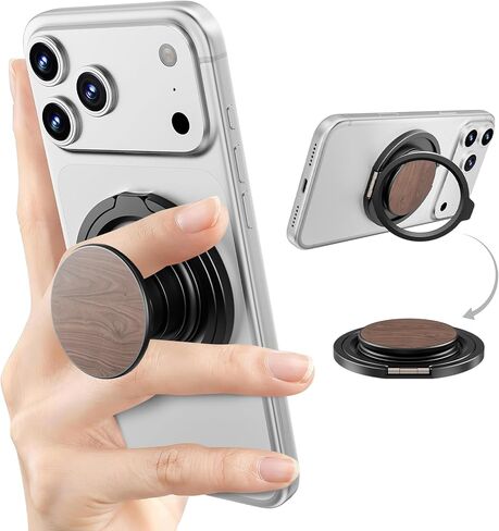 HelloDeere Magnetic Phone Ring Grip with Pop-Up 360° Rotating Ring & Foldable Kickstand, Premium Wood Grain Finish, Secure One-Hand Hold, Stable Hands-Free Viewing for Travel, Office & Everyday Use in Kuwait