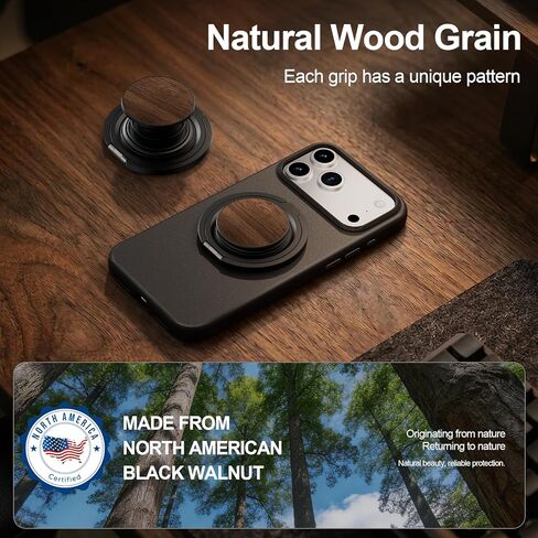 HelloDeere Magnetic Phone Ring Grip with Pop-Up 360° Rotating Ring & Foldable Kickstand, Premium Wood Grain Finish, Secure One-Hand Hold, Stable Hands-Free Viewing for Travel, Office & Everyday Use in Kuwait