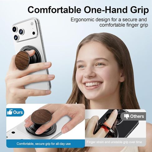 HelloDeere Magnetic Phone Ring Grip with Pop-Up 360° Rotating Ring & Foldable Kickstand, Premium Wood Grain Finish, Secure One-Hand Hold, Stable Hands-Free Viewing for Travel, Office & Everyday Use in Kuwait