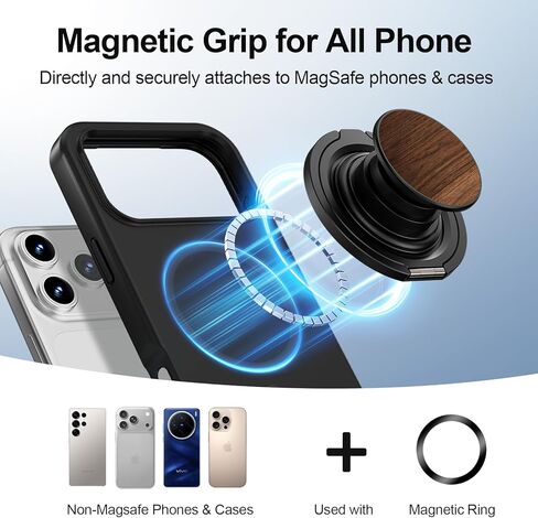 HelloDeere Magnetic Phone Ring Grip with Pop-Up 360° Rotating Ring & Foldable Kickstand, Premium Wood Grain Finish, Secure One-Hand Hold, Stable Hands-Free Viewing for Travel, Office & Everyday Use in Kuwait
