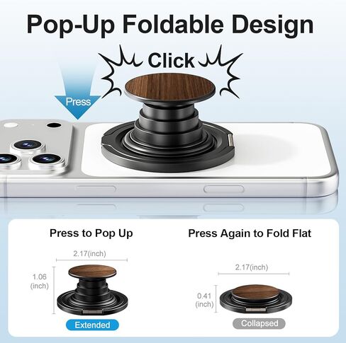 HelloDeere Magnetic Phone Ring Grip with Pop-Up 360° Rotating Ring & Foldable Kickstand, Premium Wood Grain Finish, Secure One-Hand Hold, Stable Hands-Free Viewing for Travel, Office & Everyday Use in Kuwait