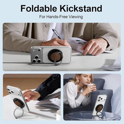 HelloDeere Magnetic Phone Ring Grip with Pop-Up 360° Rotating Ring & Foldable Kickstand, Premium Wood Grain Finish, Secure One-Hand Hold, Stable Hands-Free Viewing for Travel, Office & Everyday Use in Kuwait