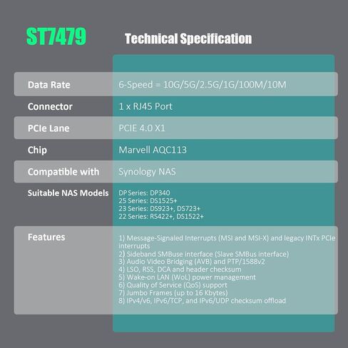 بطاقة شبكة GLOTRENDS ST7479 بسرعة 10 جيجابت في الثانية RJ45 مع وحدة تحكم Marvell AQC113 لـ Synology NAS، نفس عامل الشكل مثل E10G22-T1-Mini in Kuwait